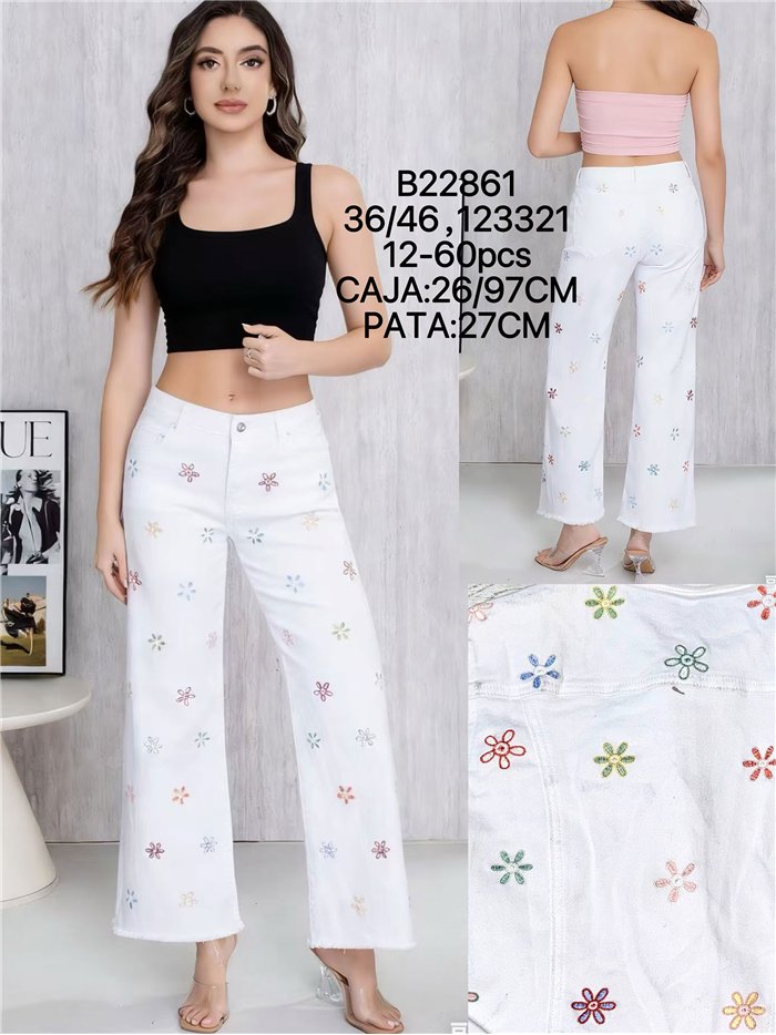 Calça jeans de perna larga com flores bordadas