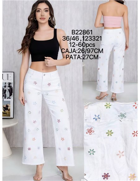 Calça jeans de perna larga com flores bordadas