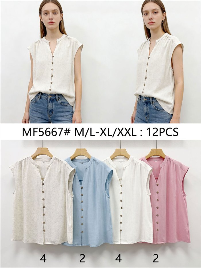 Blusa de linho sem mangas com botões.