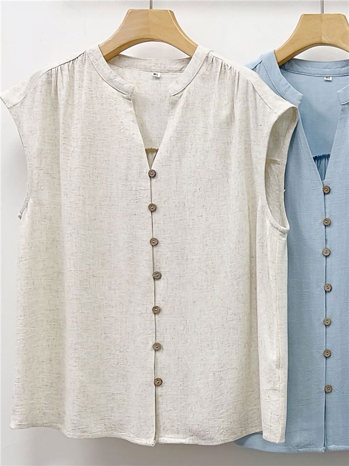 Blusa de linho sem mangas com botões.