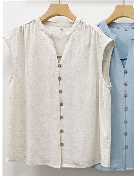 Blusa de linho sem mangas com botões.