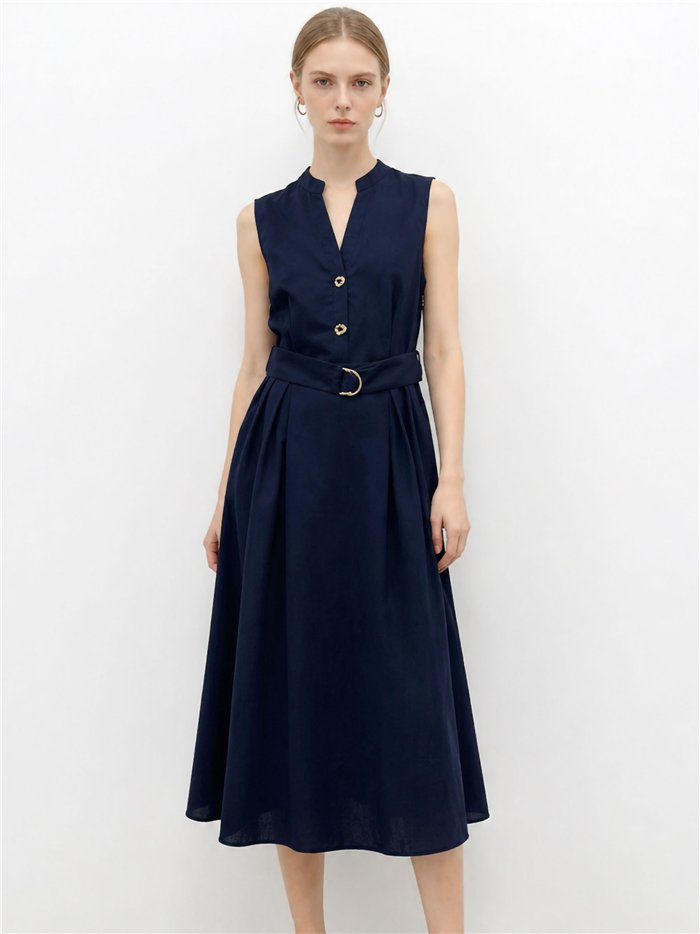Vestido midi de linho com cinto