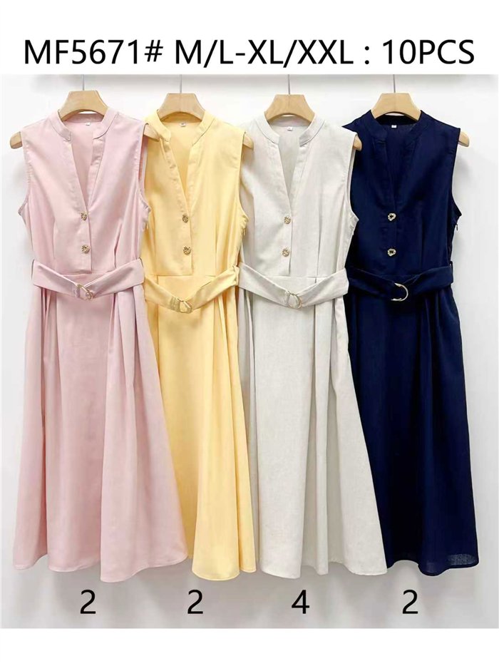 Vestido midi de linho com cinto