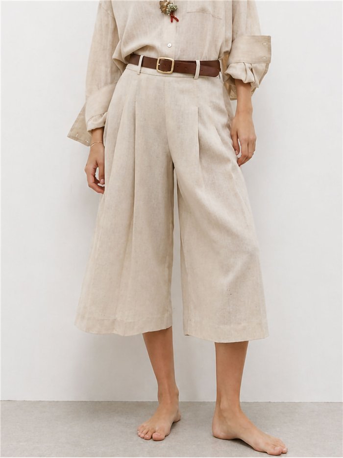 Pleated linen look culotte trousers