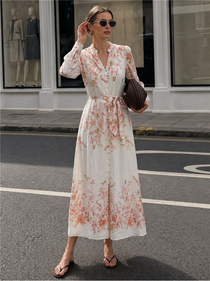 Vestido longo floral com efeito linho e cinto.