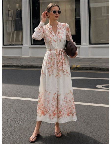 Vestido longo floral com efeito linho e cinto.