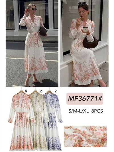 Vestido longo floral com efeito linho e cinto. 2