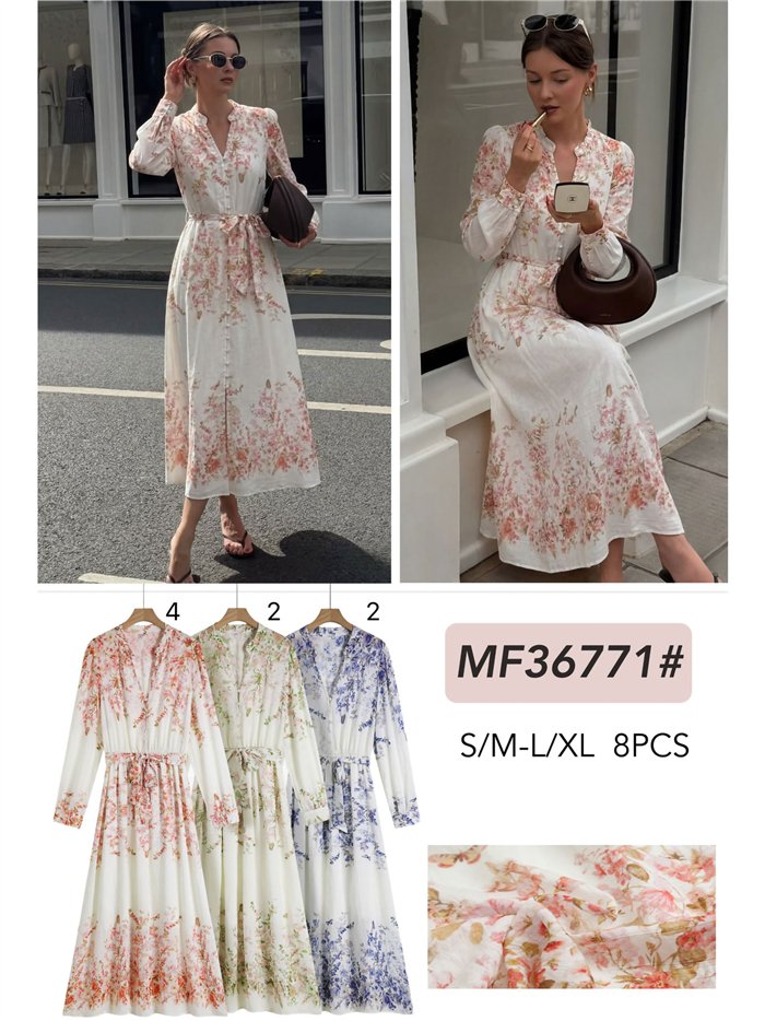 Vestido longo floral com efeito linho e cinto.