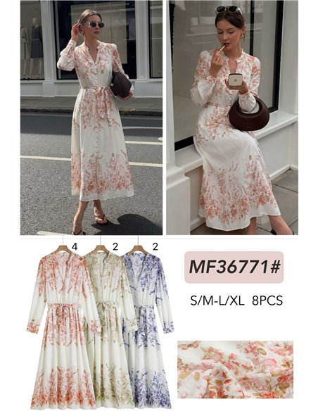 Vestido longo floral com efeito linho e cinto.