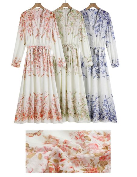 Vestido longo floral com efeito linho e cinto.