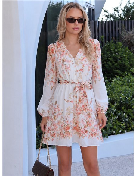 Vestido curto com estampa floral em efeito linho