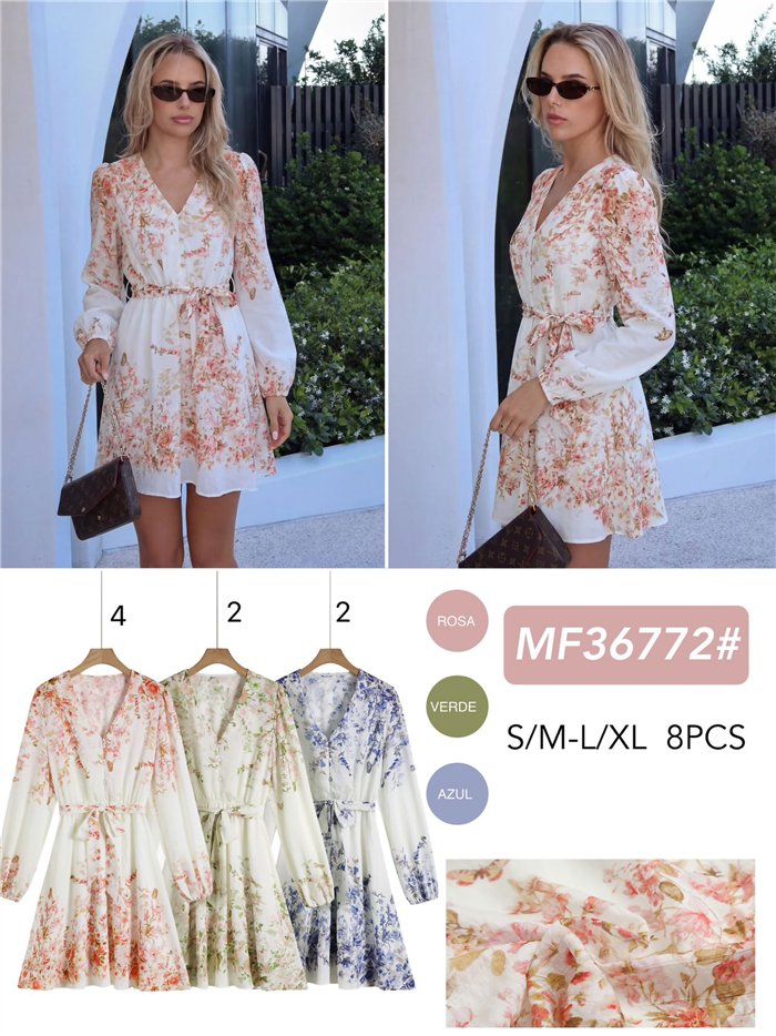 Vestido curto com estampa floral em efeito linho