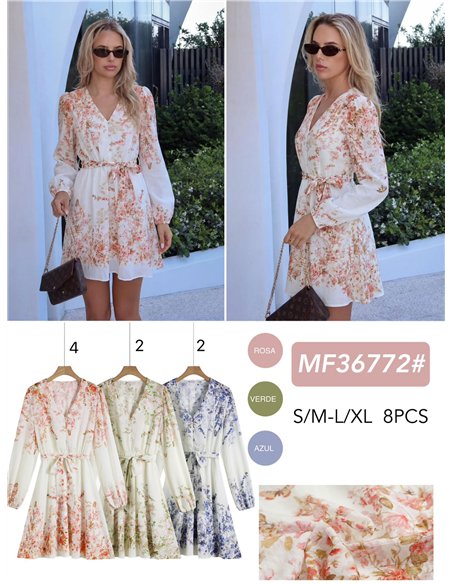 Vestido curto com estampa floral em efeito linho