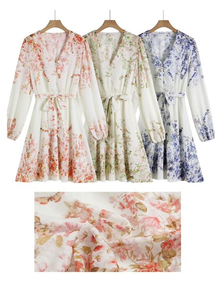 Vestido curto com estampa floral em efeito linho