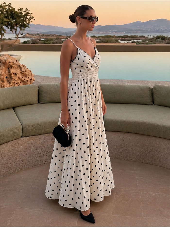 Vestido longo de bolinhas com cintura de crochê