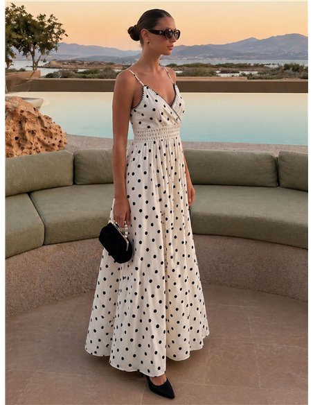 Vestido longo de bolinhas com cintura de crochê