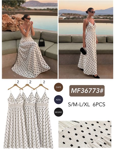 Vestido longo de bolinhas com cintura de crochê