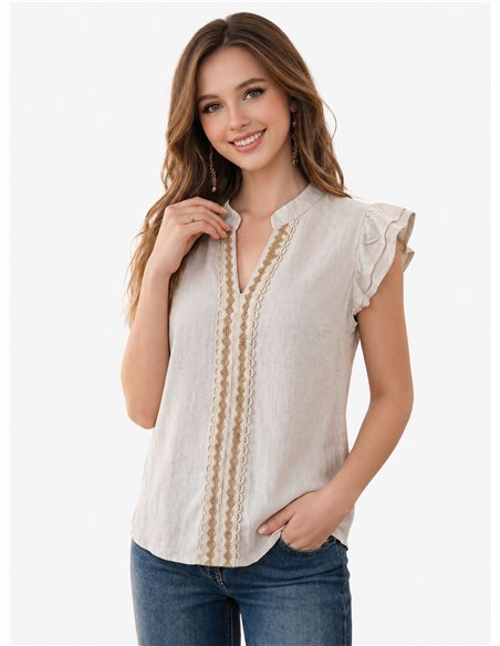 Blusa de linho sem mangas com bordado.