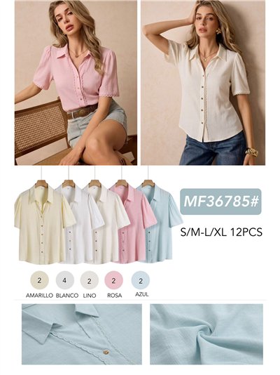 Camisa com efeito linho e detalhes em renda. 2