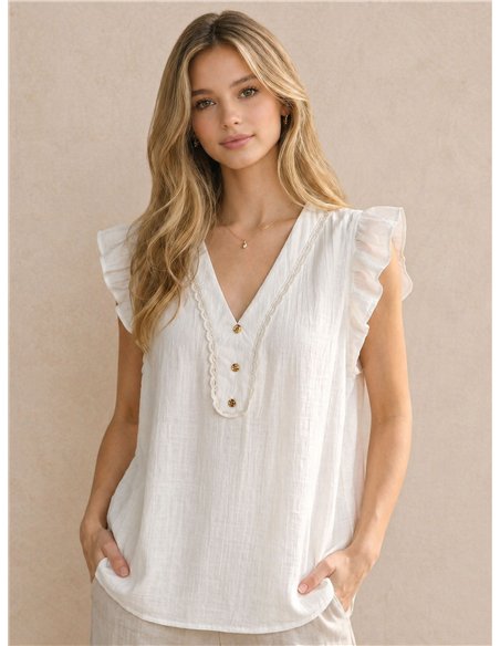 Sleeveless ruffle linen-look blouse