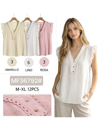 Blusa sem mangas com efeito linho, com babados e detalhes em renda. 2