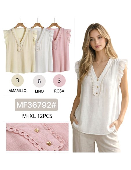 Sleeveless ruffle linen-look blouse