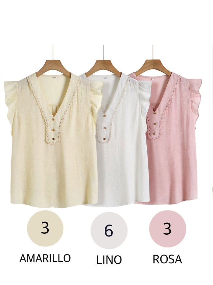 Sleeveless ruffle linen-look blouse