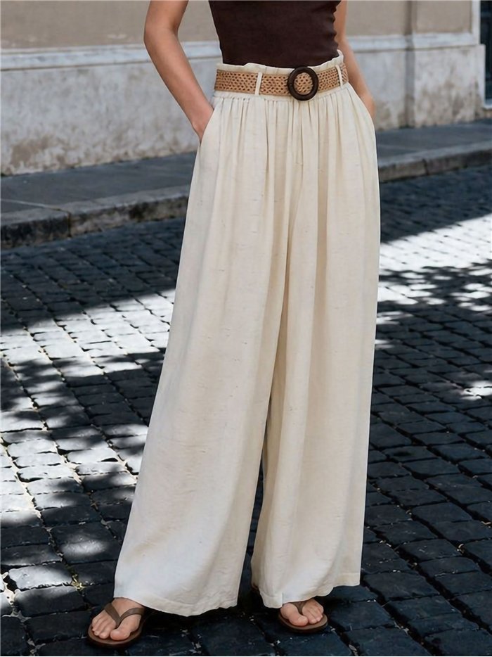 Wide leg linen-look trousers with belt