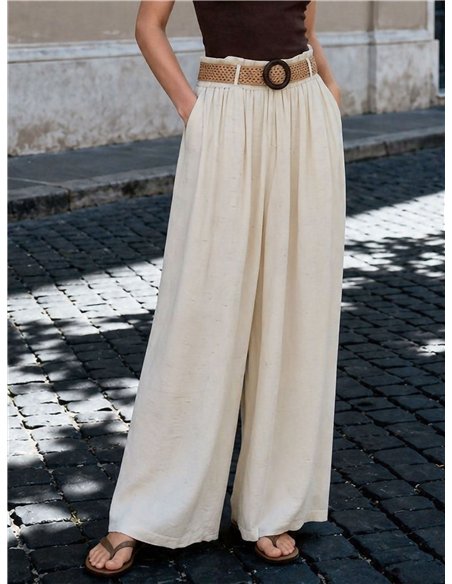 Wide leg linen-look trousers with belt