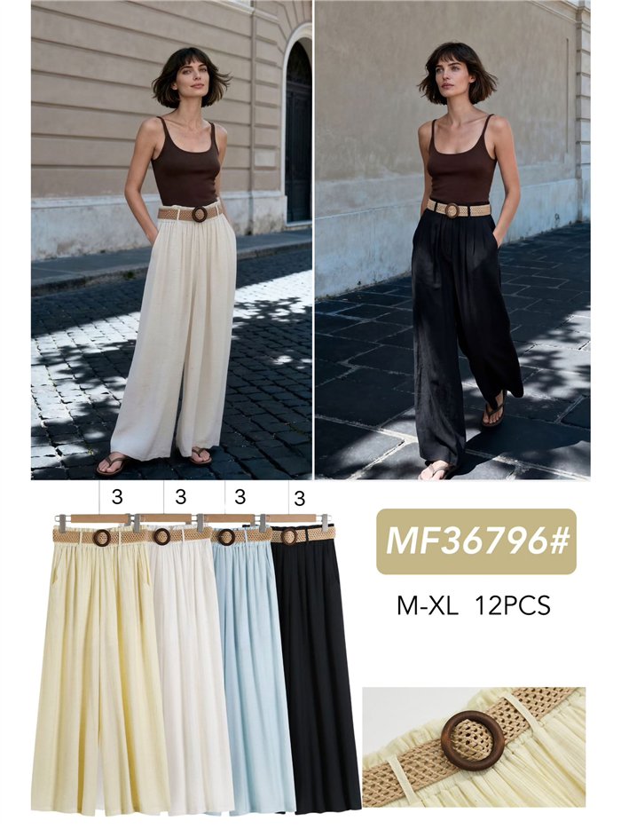 Wide leg linen-look trousers with belt