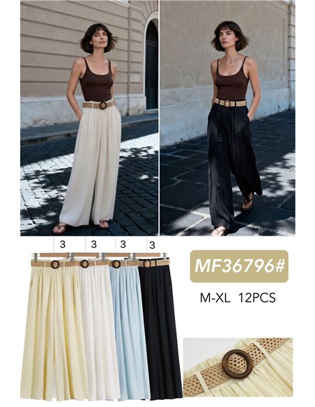 Wide leg linen-look trousers with belt