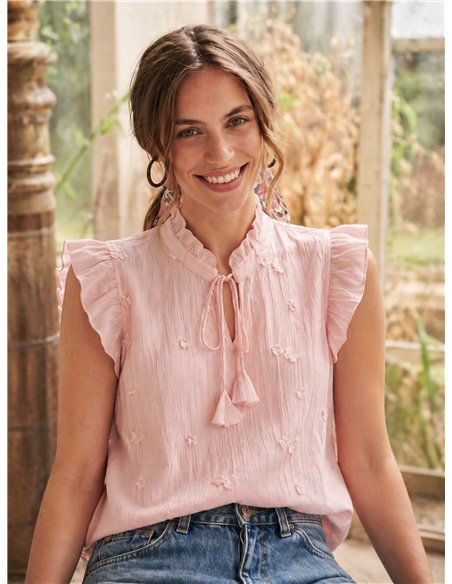 Tie neck floral embroidered sleeveless blouse