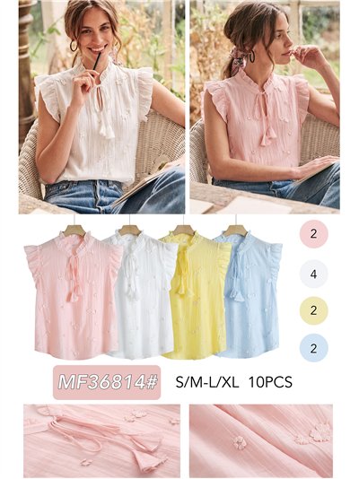 Blusa sem mangas com laço e flores em relevo. 2