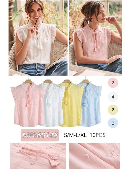 Tie neck floral embroidered sleeveless blouse