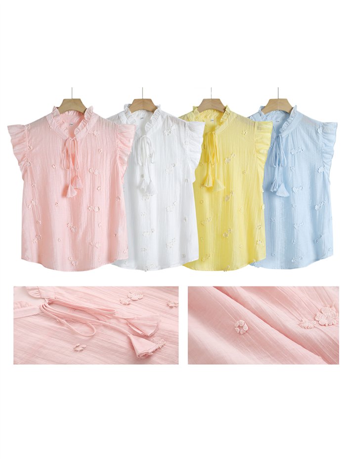 Tie neck floral embroidered sleeveless blouse