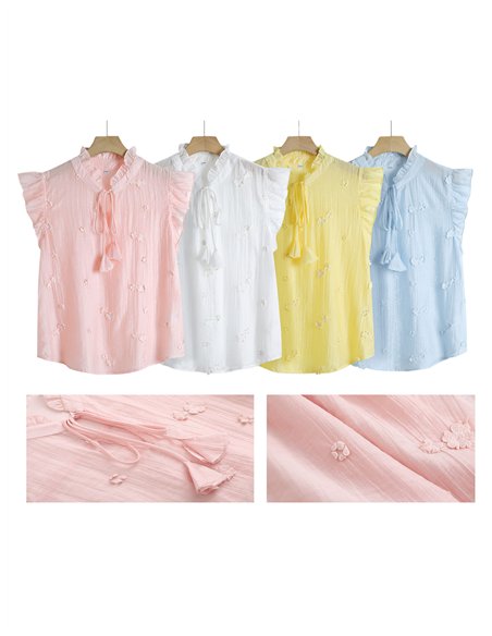 Tie neck floral embroidered sleeveless blouse