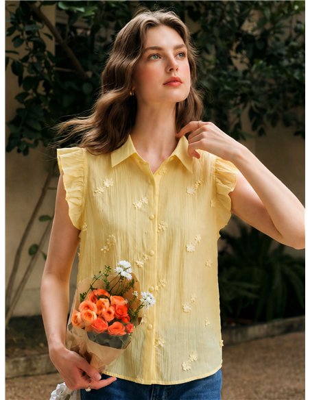 Camisa sem mangas com flores bordadas