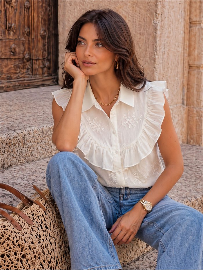 Ruffle front floral embroidered blouse