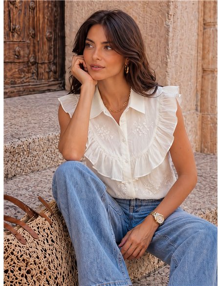 Ruffle front floral embroidered blouse