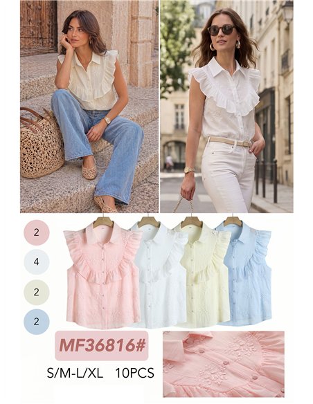 Ruffle front floral embroidered blouse