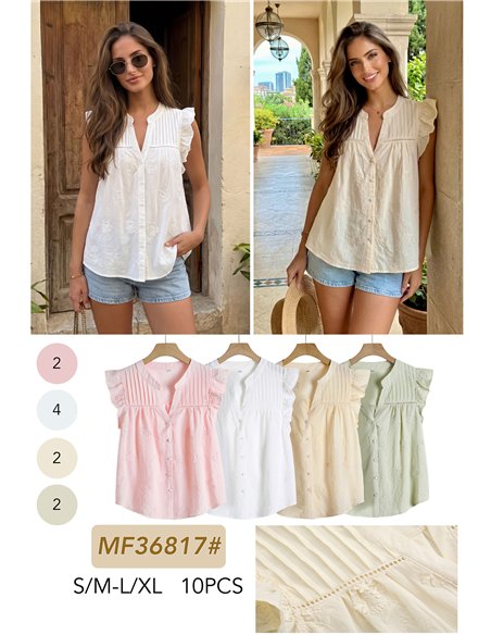 Blusa bordada com detalhe plissado floral