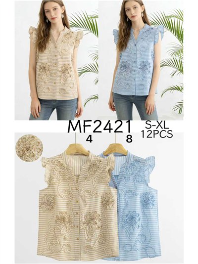 Blusa Vichy bordada com flores franzidas 2