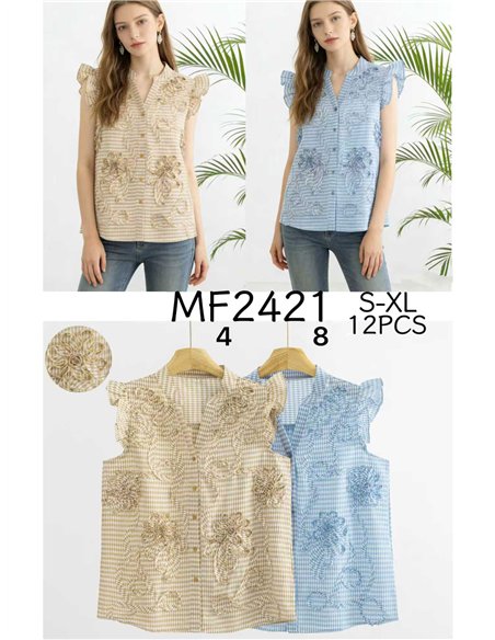 Blusa Vichy bordada com flores franzidas