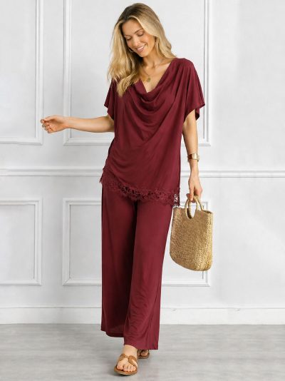 Ensemble grande taille : blouse drapée en lycra avec dentelle et pantalon | ZD-2711