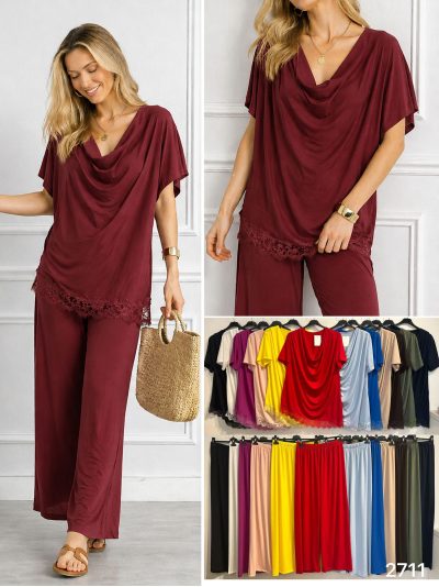 Ensemble grande taille : blouse drapée en lycra avec dentelle et pantalon | ZD-2711 2