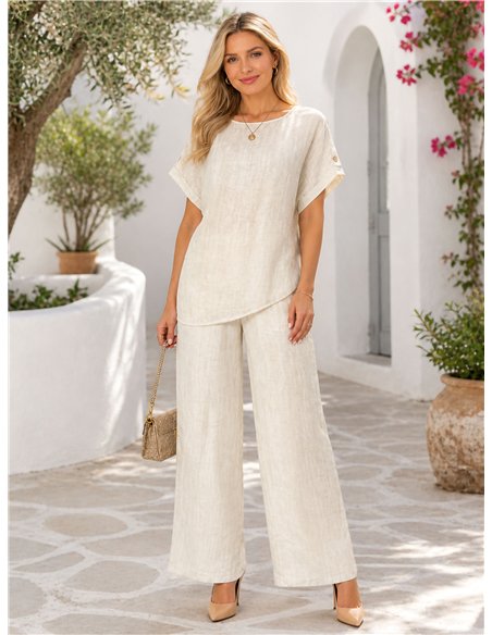 Conjunto plus size: blusa fluida com botões e calça reta de pernas largas