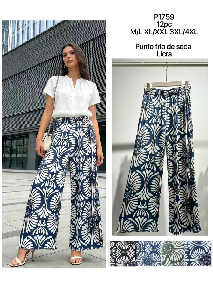 Calças palazzo de lycra com estampa arabesca