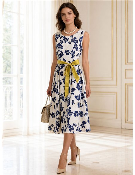 Vestido midi floral sin mangas con cinturón