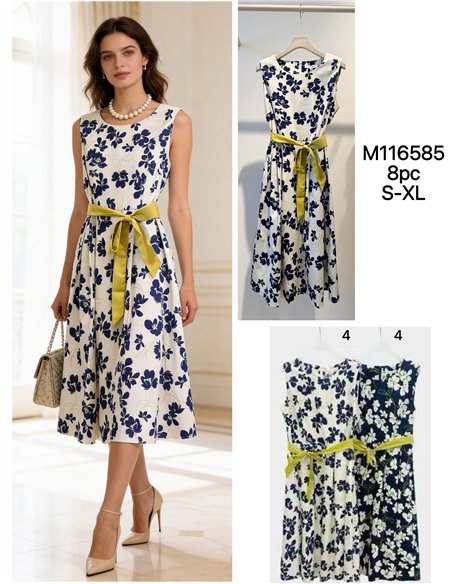 Vestido midi floral sin mangas con cinturón