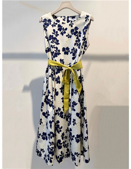 Vestido midi floral sin mangas con cinturón